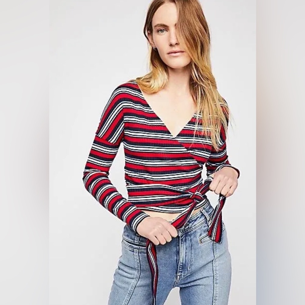 Free People Always With Me Stripe Wrap Long Sleeved Crop Top XS